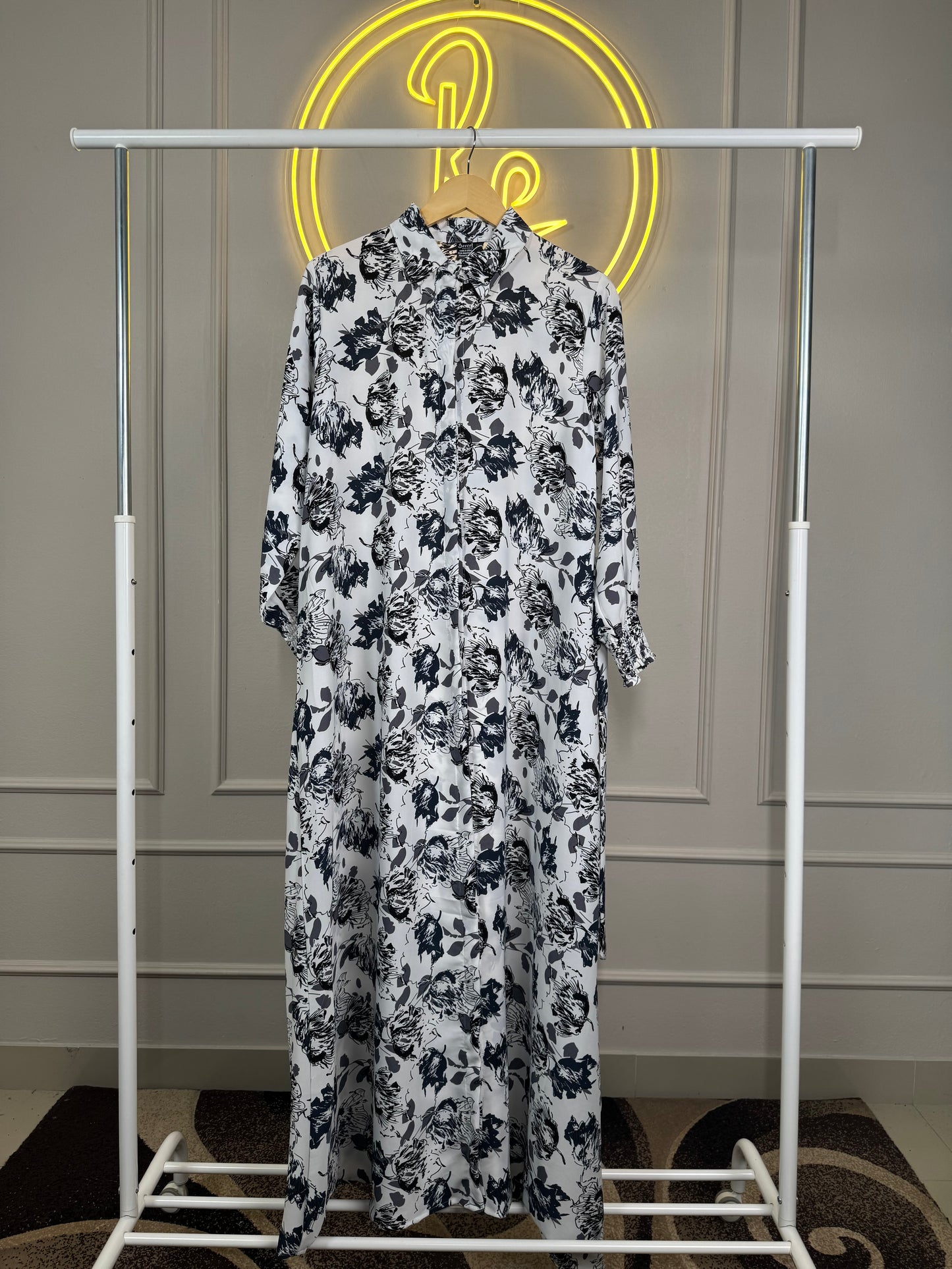 White & Dark Blue Floral Printed Maxi Dress β 57β Length | XL Sizes | Modest Wear by RF Abayas & Hijabs