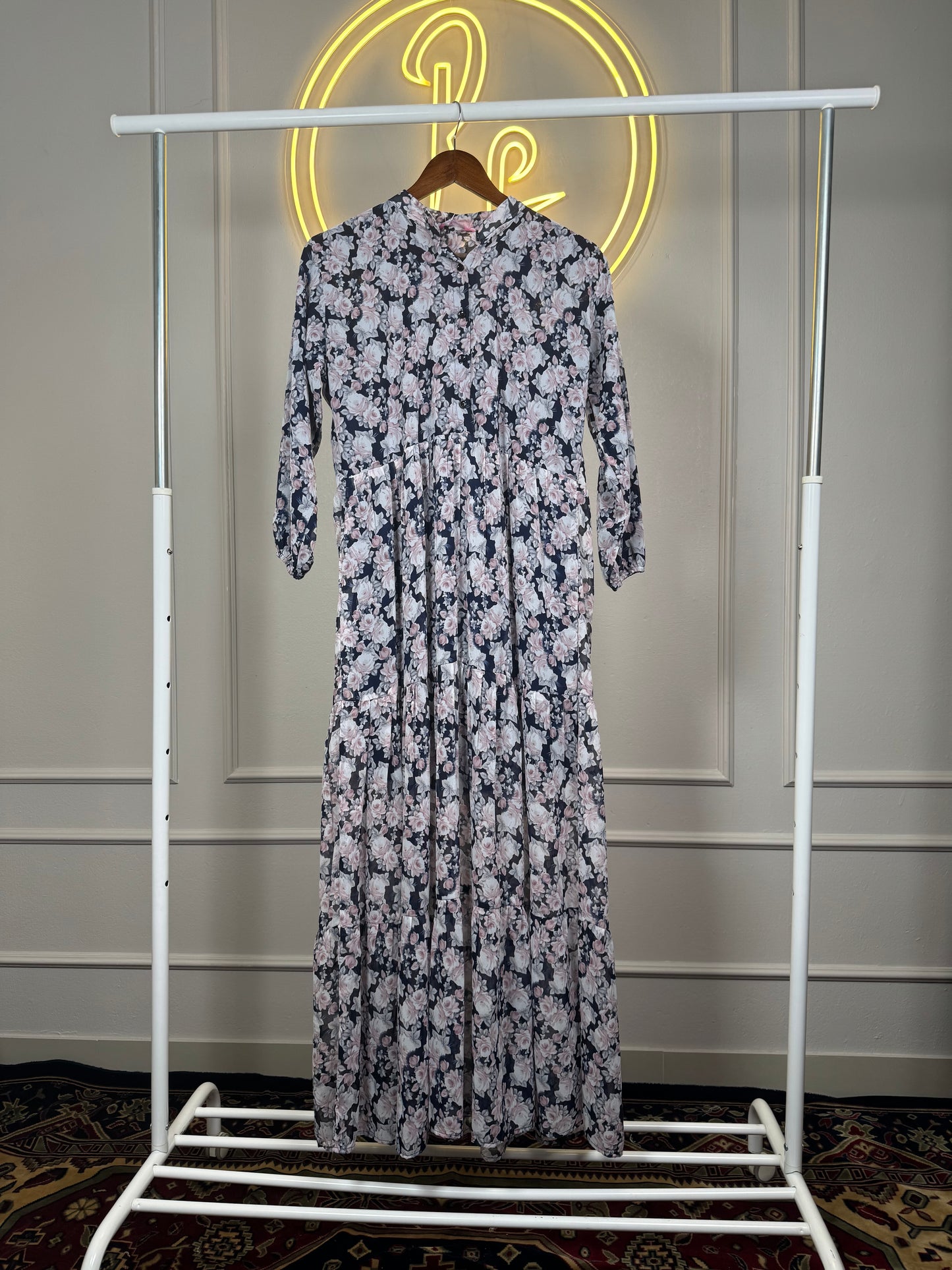 Women’s Floral Print Maxi Dress with Chinese Neck – 54 Inch Long Modest Flowy Dress Fit Up to XL