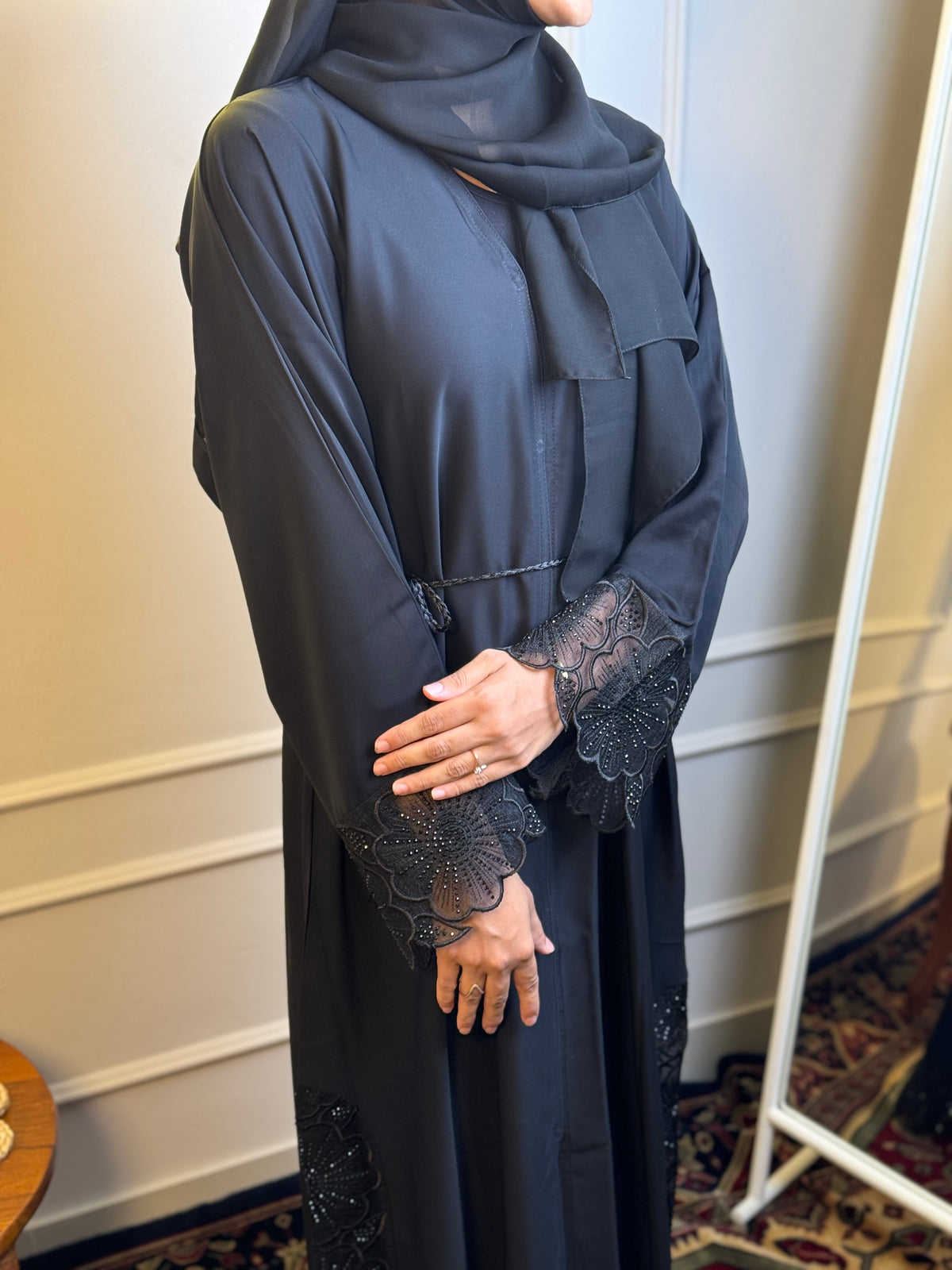 Dubai Imported Korean Nida Front Open Abaya with Lace Detail - Classic Black - view 2 - RF Abayas & Hijabs