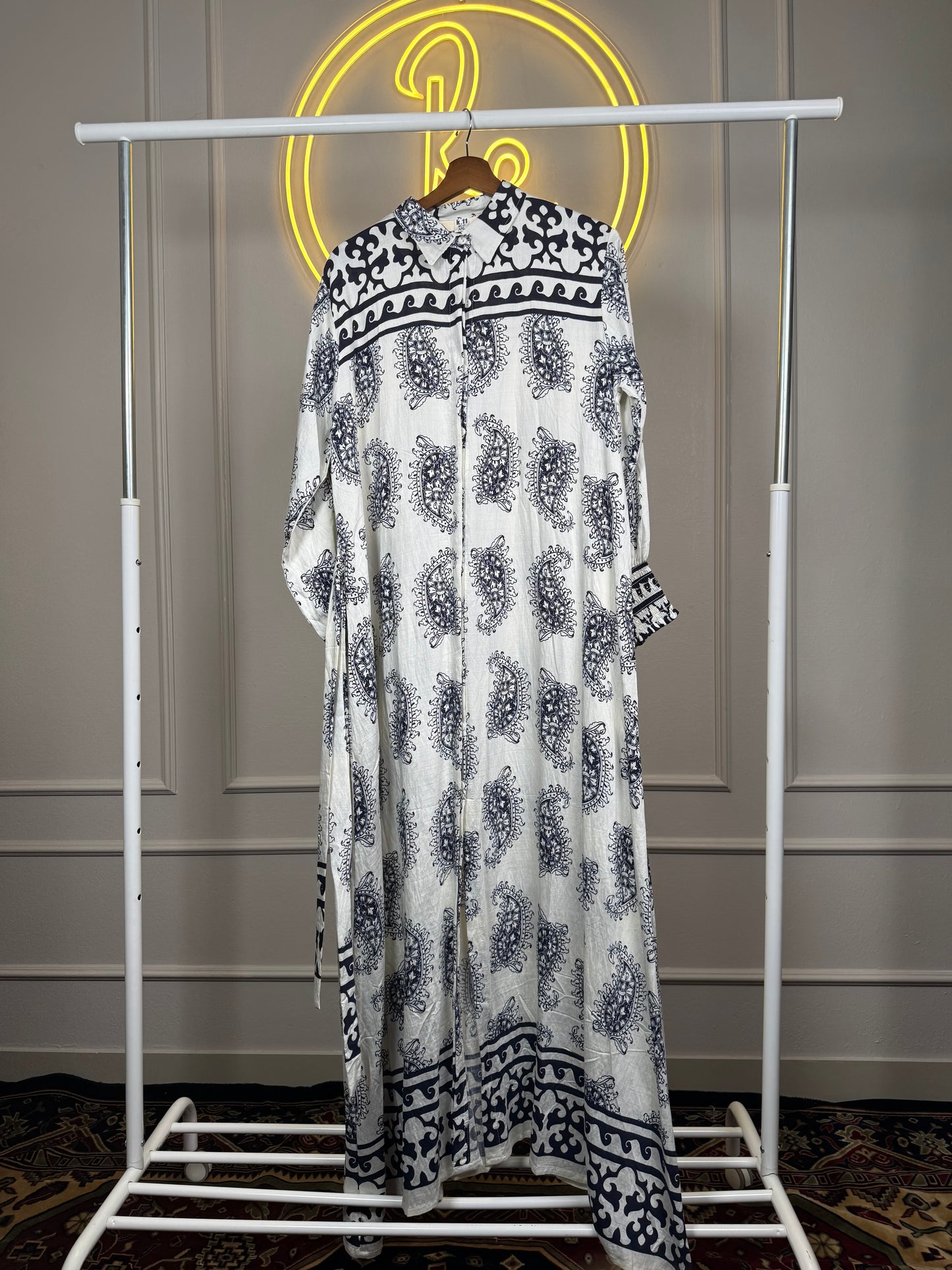 Women’s Printed Cotton Slub Maxi Dress with Smocked Sleeves – 56 Inch Long Modest Flowy Dress Fit Up to XXL - Navy Blue