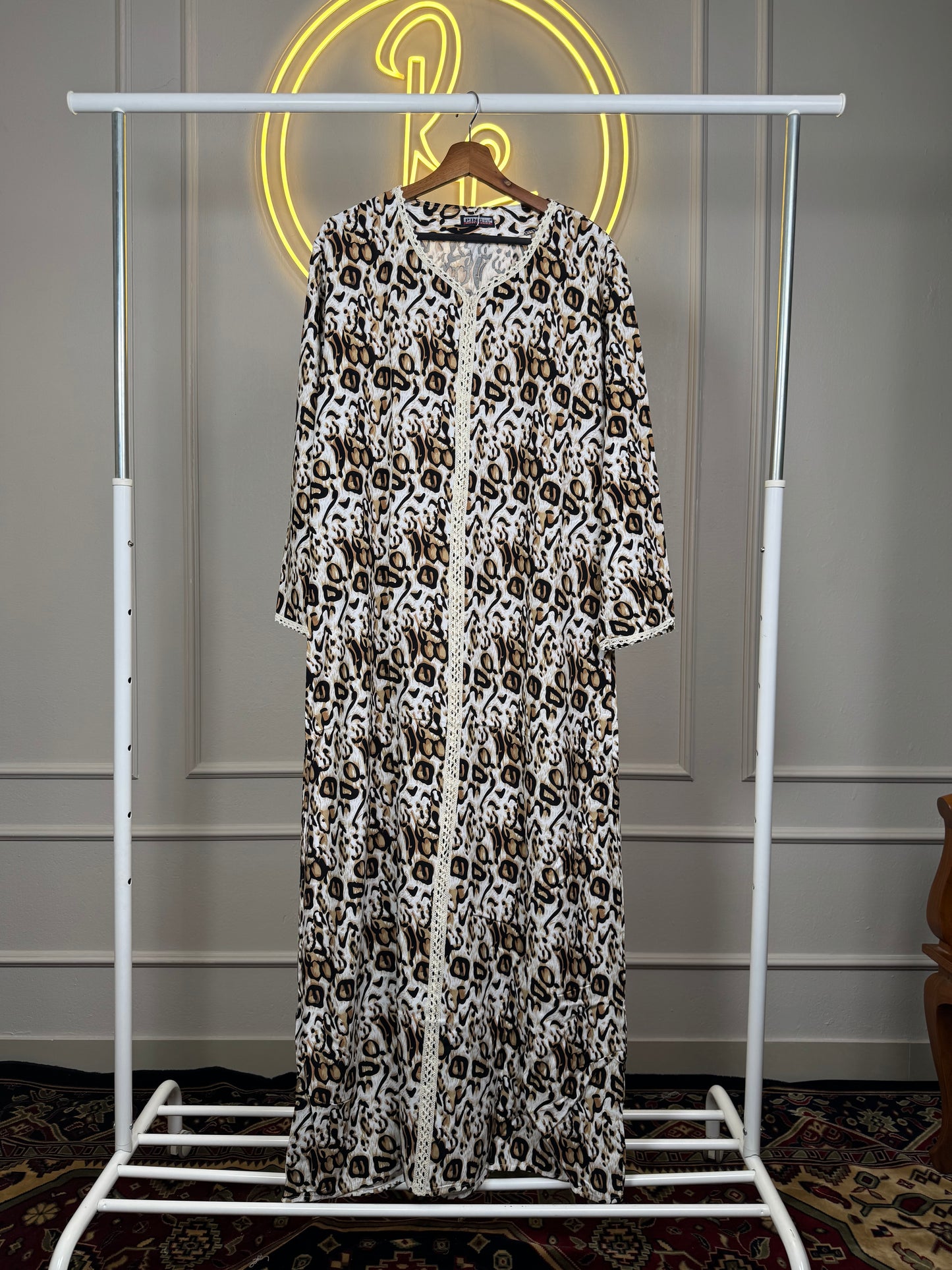 Women’s Animal Print Dubai Maxi Dress with Lace Detailing – 55 Inch Long Modest Rayon Maxi Fit Up to XXL