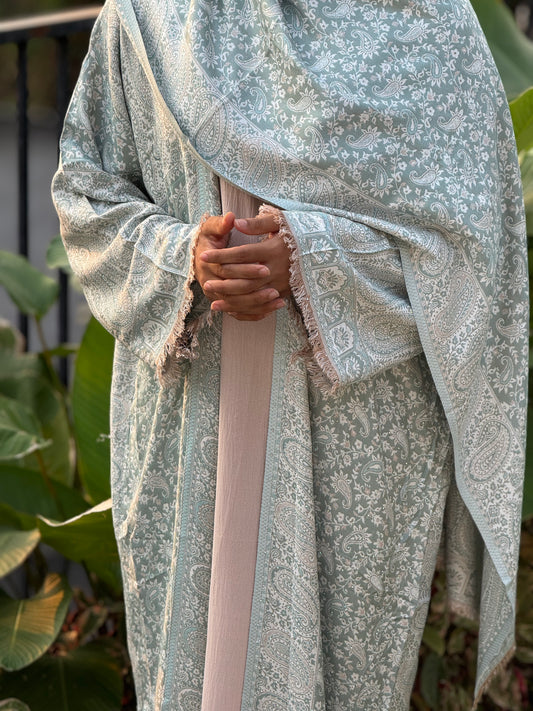 Pashmina Printed Abaya Set with Shrug & Shawl – Light Seafoam