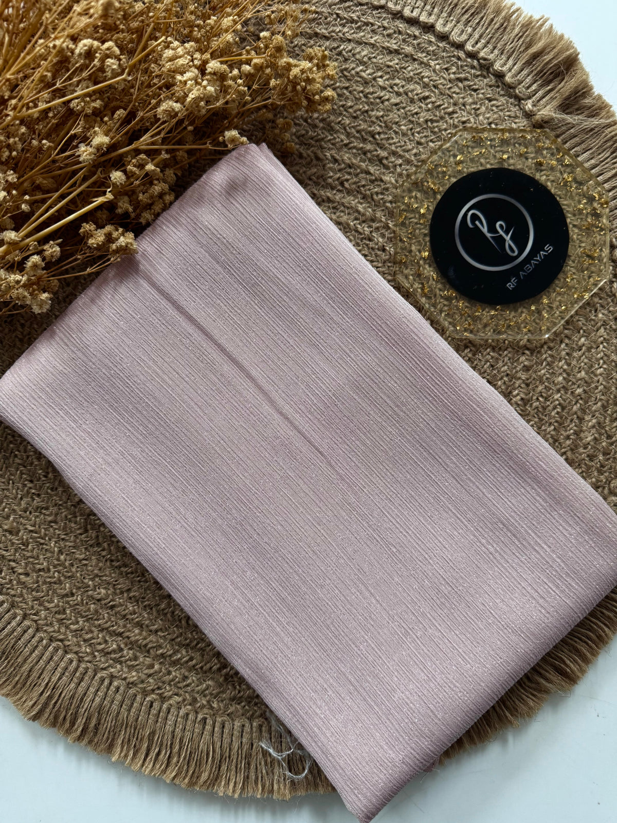 Elegant metallic silk shimmer hijab by RF Abayas featuring a luxurious, shiny silk fabric with a smooth drape and metallic finish.