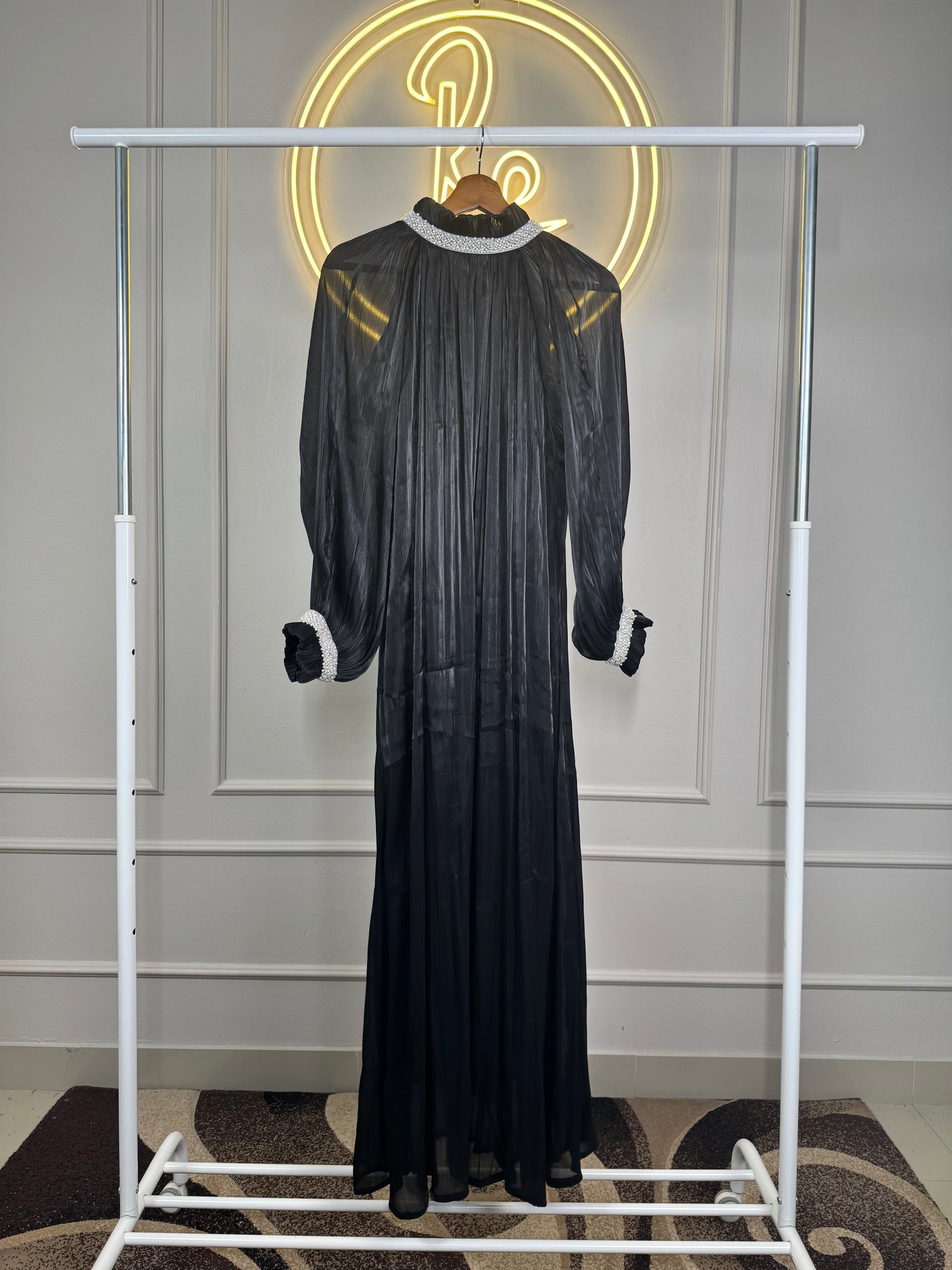 ✨ Premium Organza Shimmer Gown with Pearl Beads Lace – Large Size, 54” Length ✨