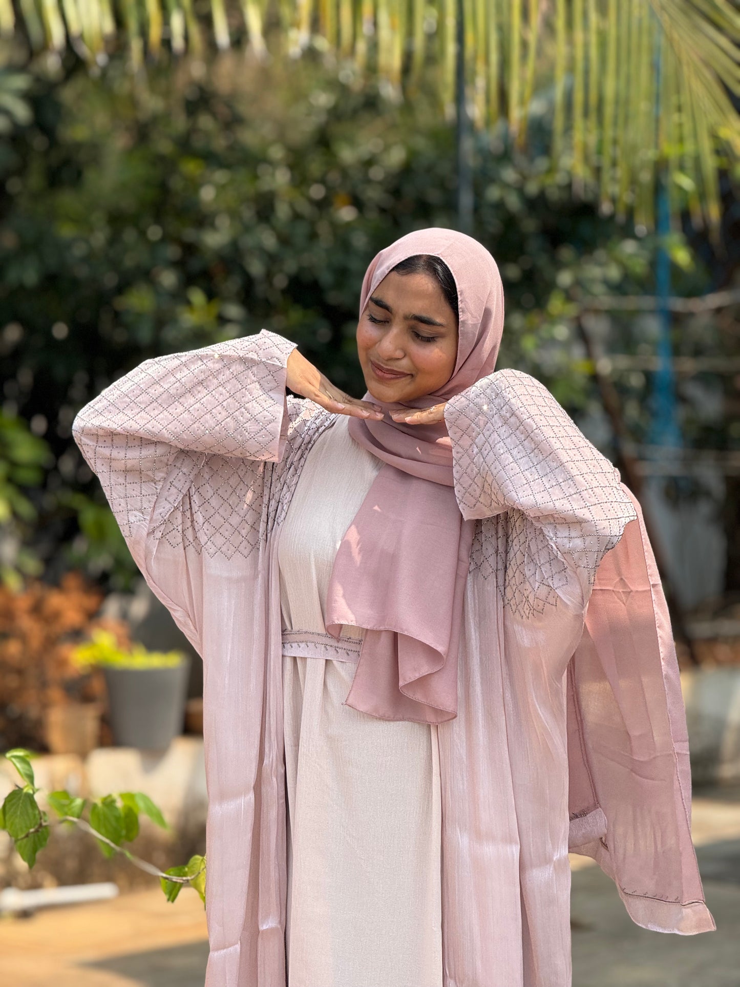 Organza Shimmer Abaya with CEY Inner & Matching Shawl – Blush Nude