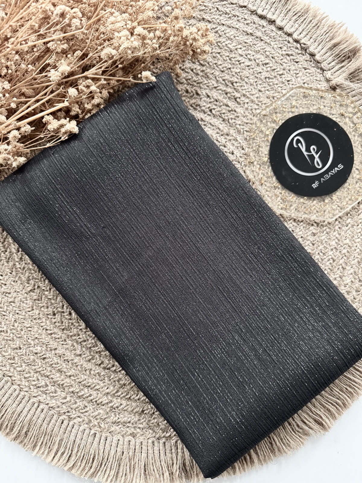 RF Abayas metallic silk shimmer hijab in elegant metallic fabric, showcasing smooth, shimmering silk material with a luxurious finish.