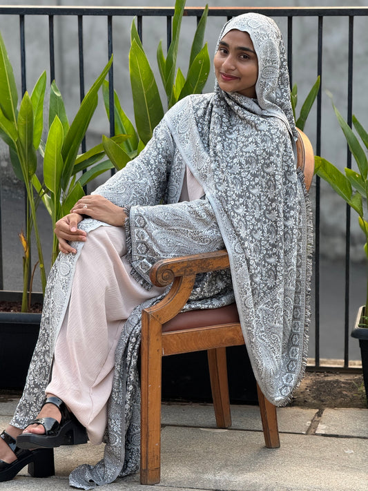 Pashmina Printed Abaya Set with Shrug & Shawl – Ash Grey