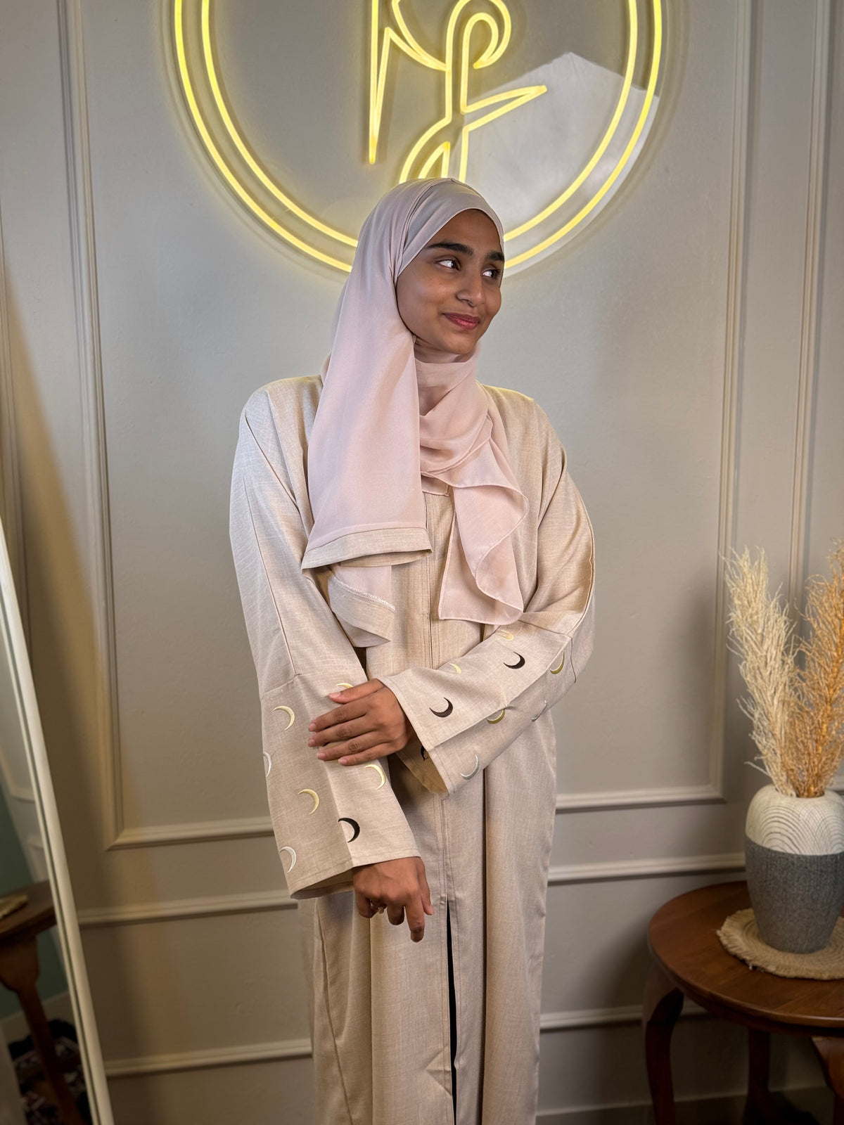 Dubai Imported Linen Abaya with Embroidered Sleeves & Matching Shawl - Nude Beige - view 2 - RF Abayas & Hijabs