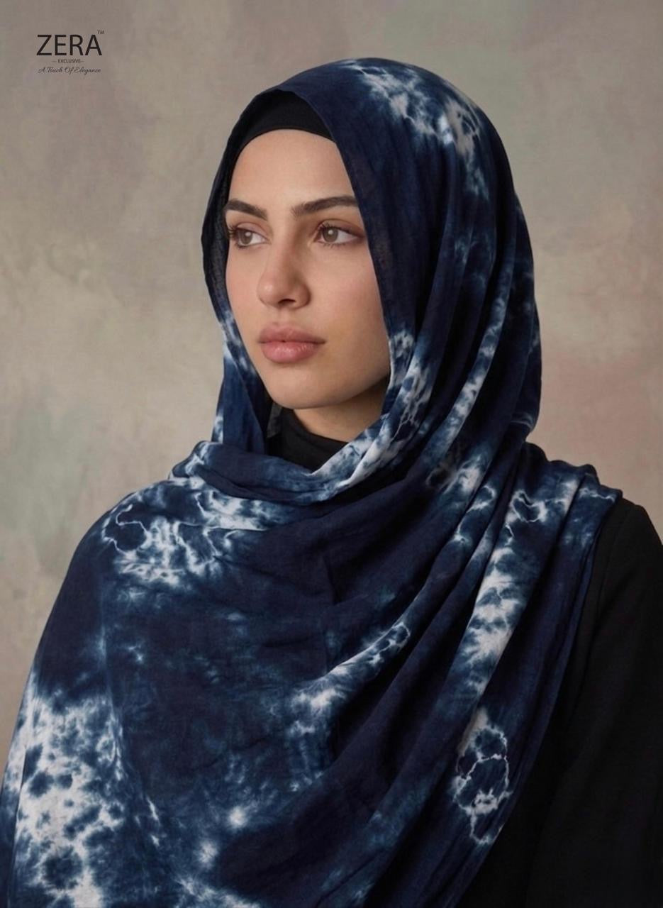 Printed modal cotton hijab from RF Abayas showing soft fabric with colorful floral and geometric patterns.