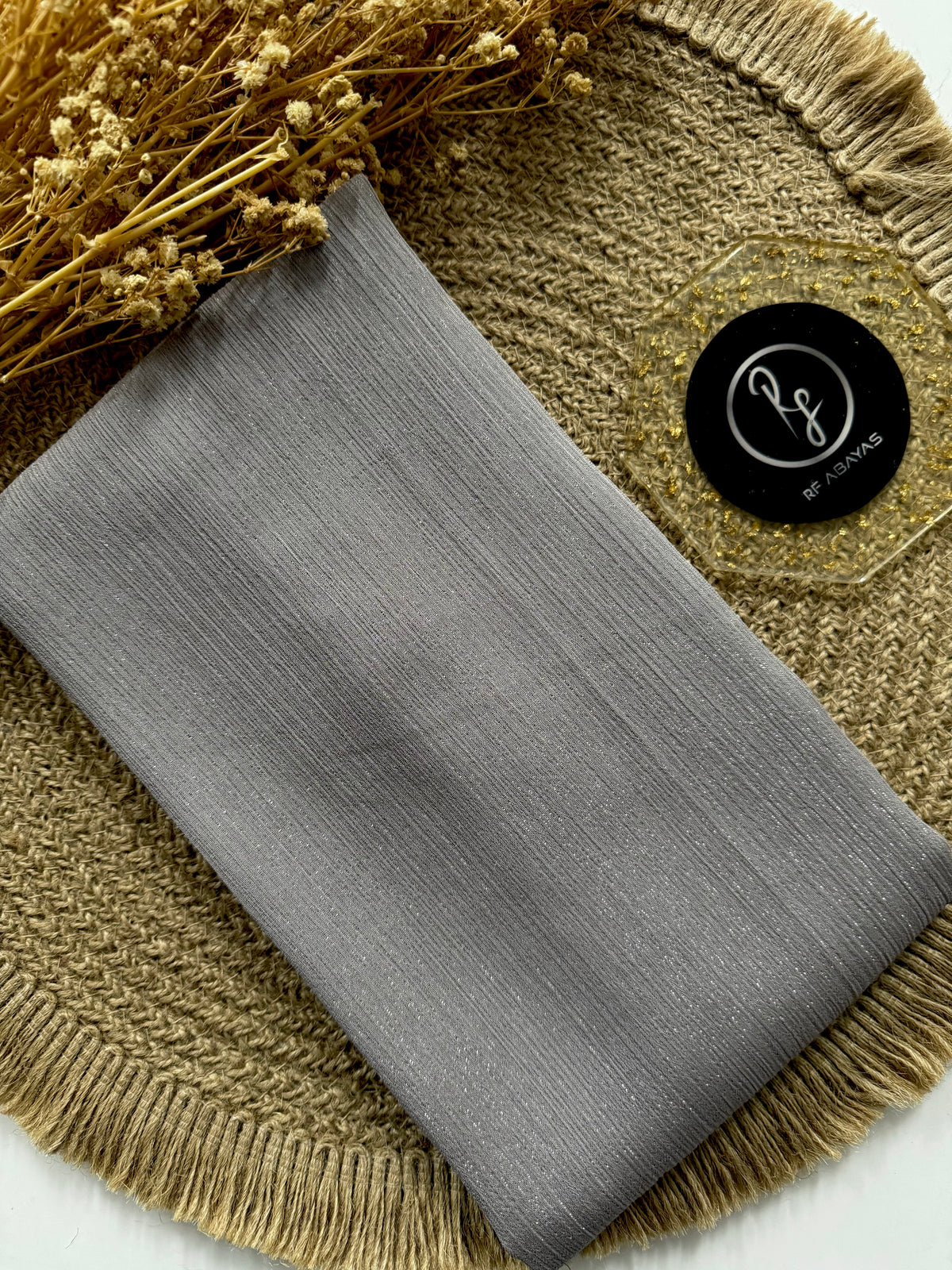 Premium metallic silk shimmer hijab by RF Abayas featuring a glossy, metallic silk fabric with a soft drape and elegant shine.