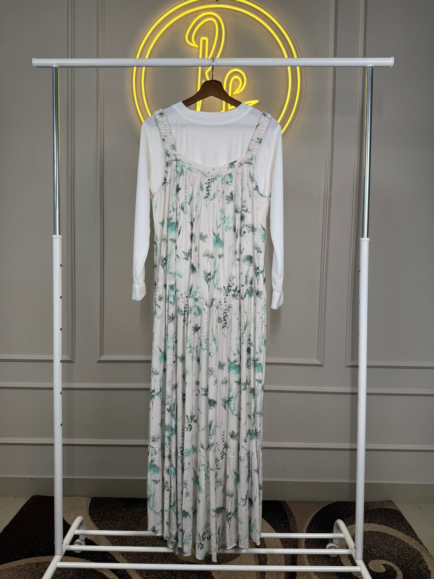 Floral Print Pinafore with Attached Full-Sleeve White Ribbed Inner – 56” Length | Modest Layered Dress - Maxi Dress - RF Abayas