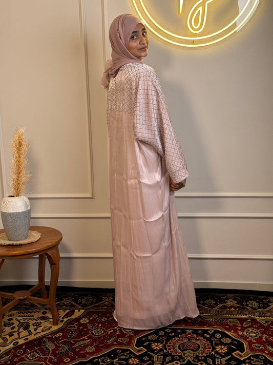 Organza Shimmer Abaya with CEY Inner & Matching Shawl – Blush Nude