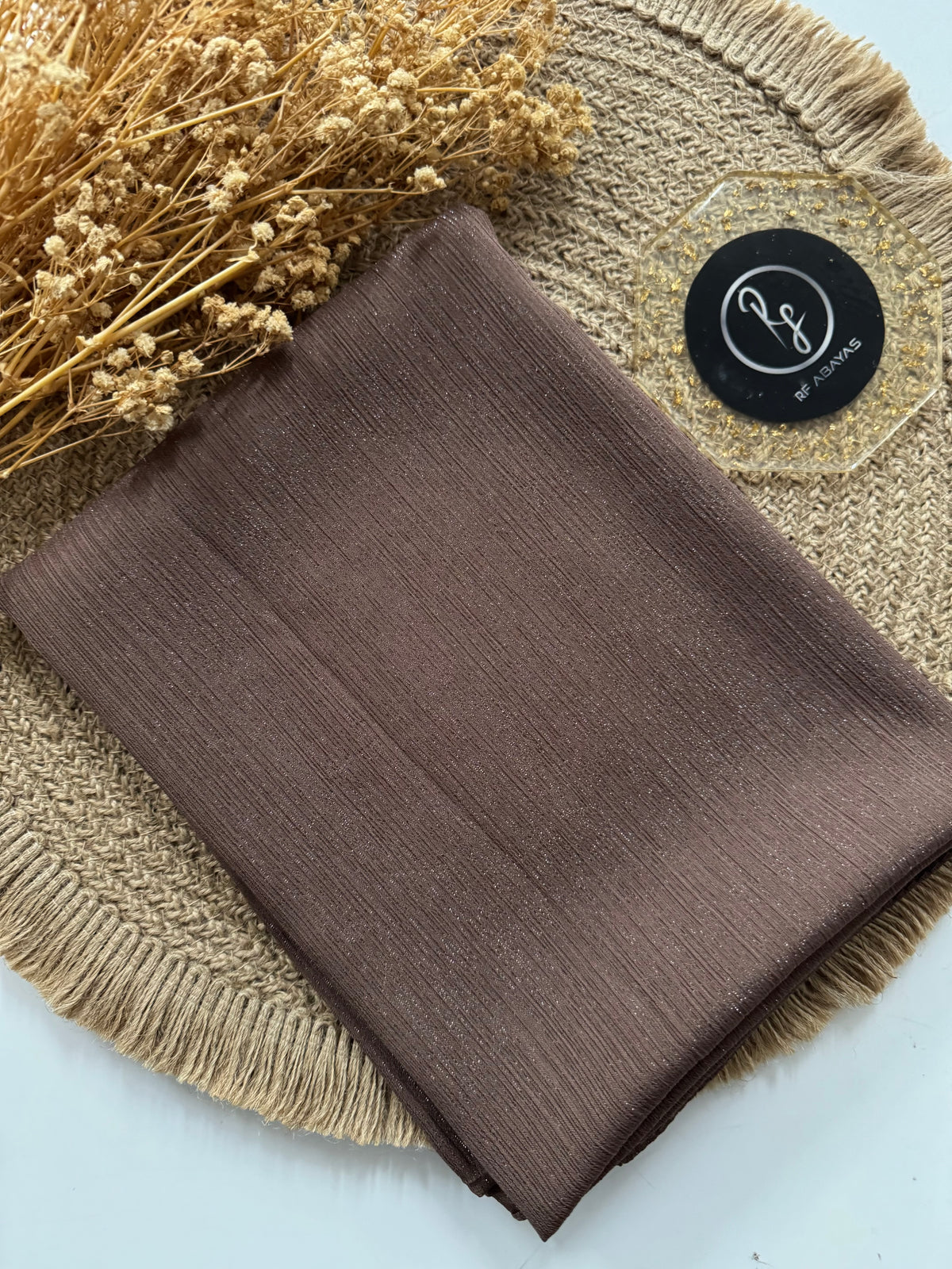 Elegant metallic silk shimmer hijab by RF Abayas, featuring a luxurious metallic finish and smooth silk texture.