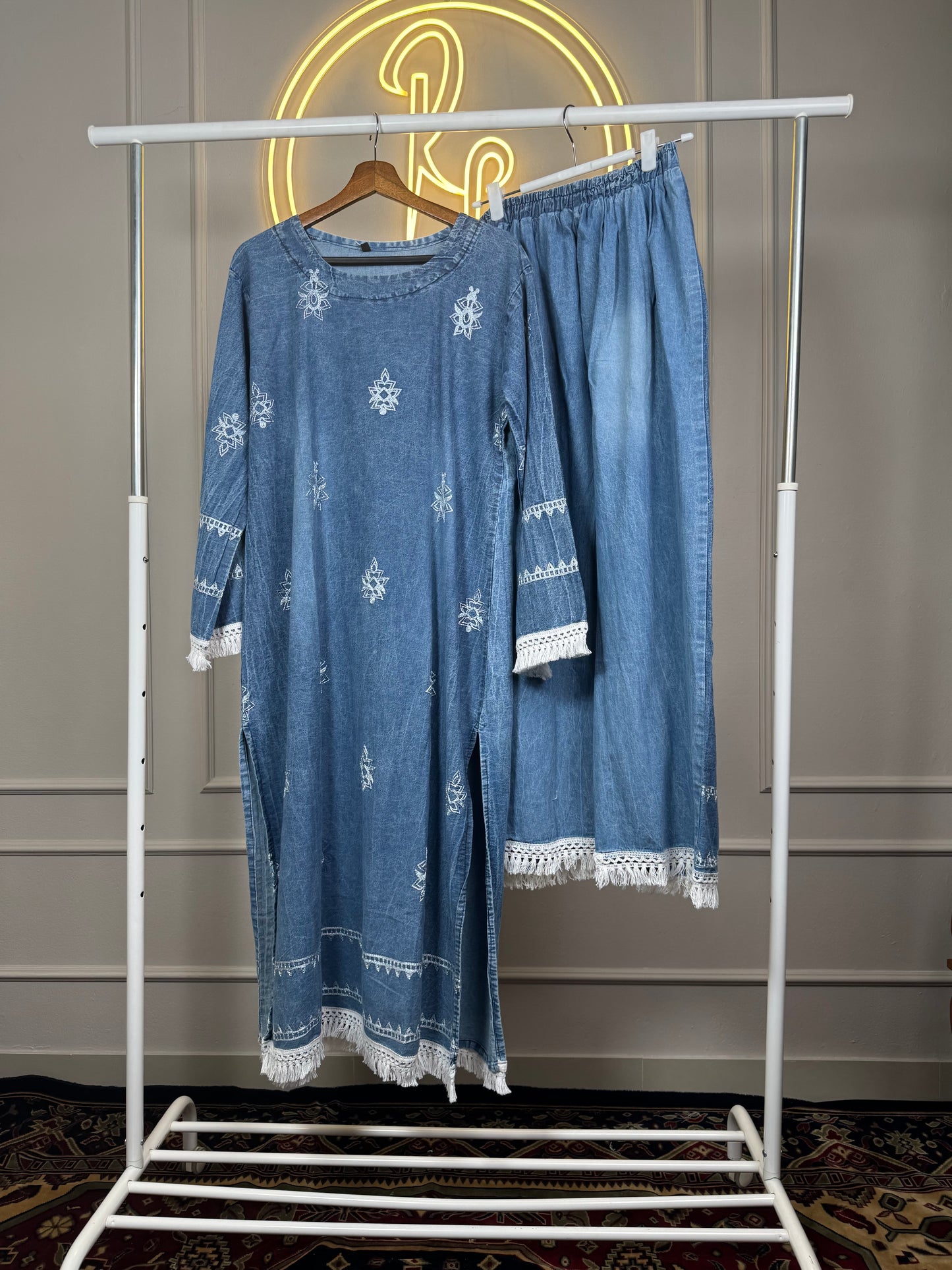 Women’s Embroidered Denim Cord Set with Tassel Detailing – 46 Inch Long Top with Matching Pants Fit Up to XL