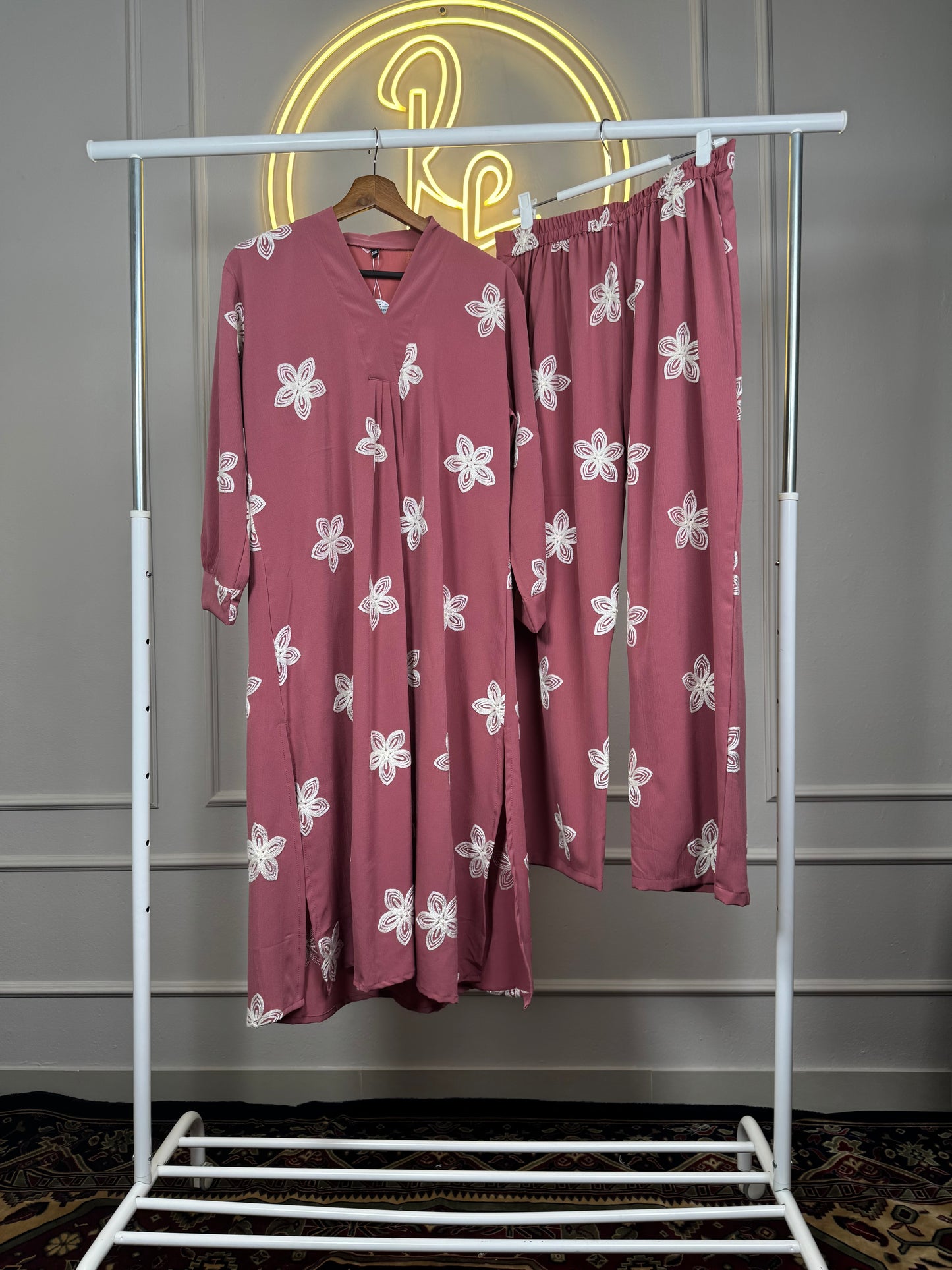 Women’s Floral Embroidered Cord Set in Imported Crepe Fabric – 45 Inch Long Top with Matching Pants Fit Up to XXL