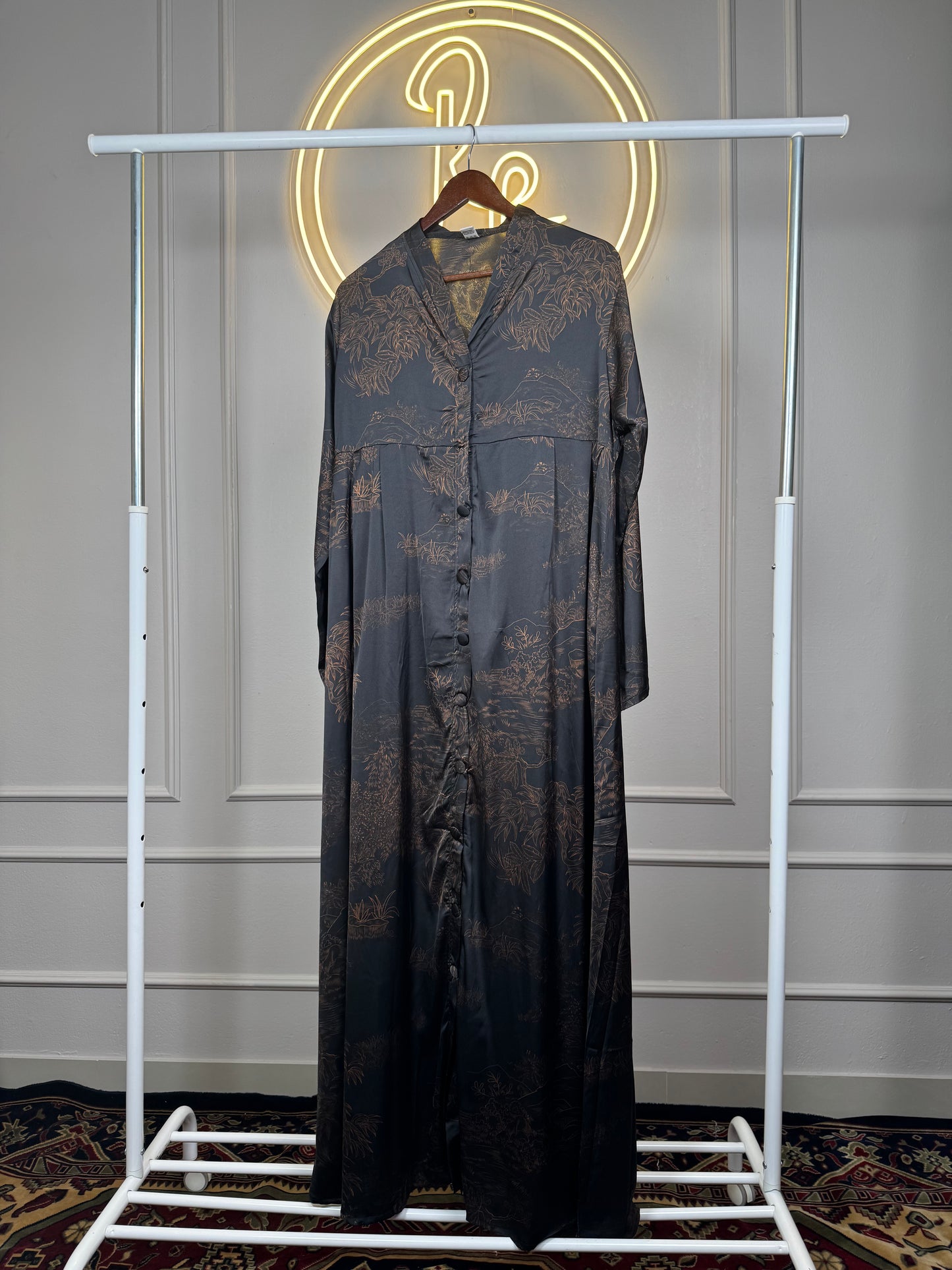 Women’s Printed Satin Maxi Dress – 56 Inch Long Modest Flowy Satin Dress Fit Up to XL