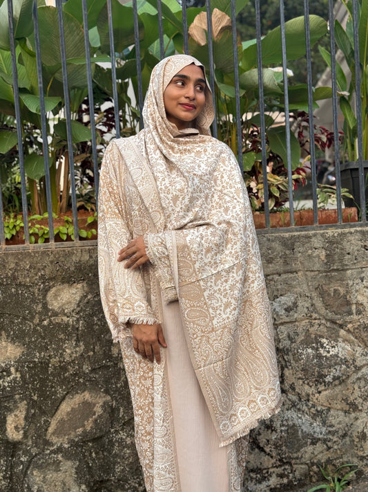 Pashmina Printed Abaya Set with Shrug & Shawl – Warm Beige