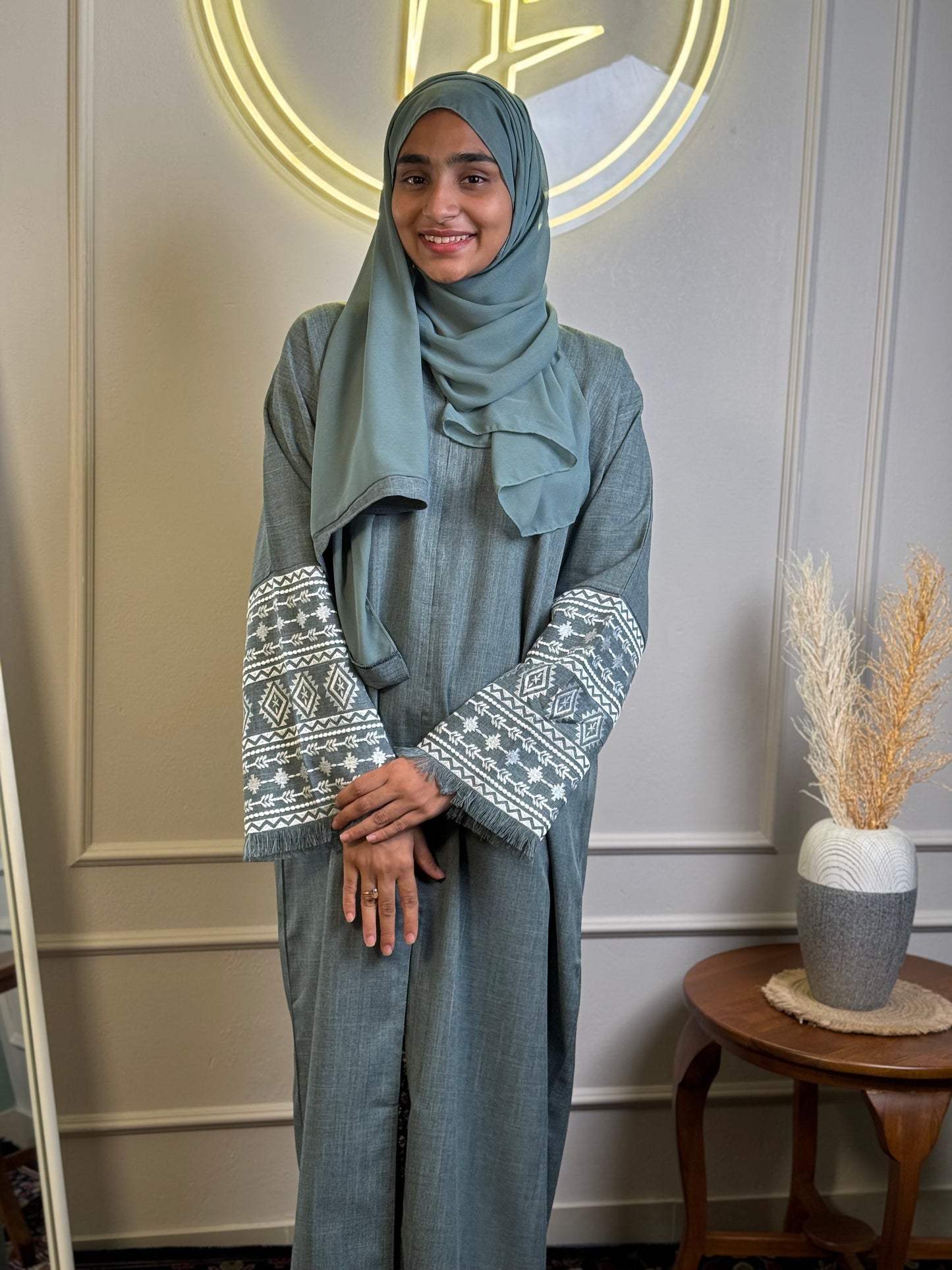 Linen Embroidered Sleeve Abaya – Dusty Sage Green