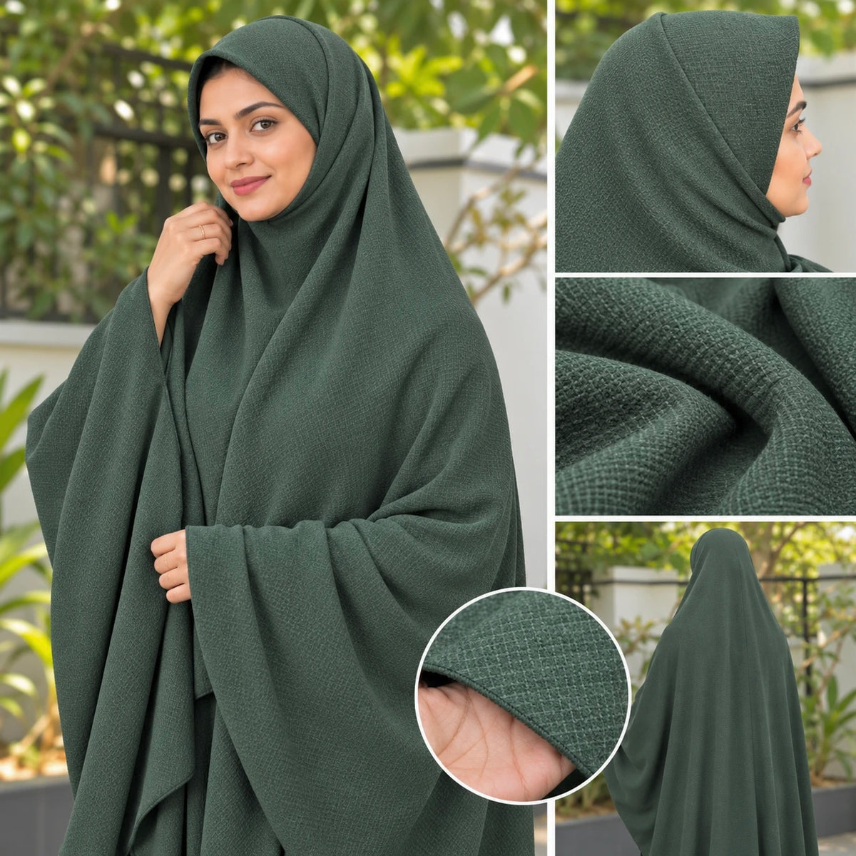 Muted Forest Green bubble chiffon Salafi makkana for women – soft textured khimar | RF Abayas