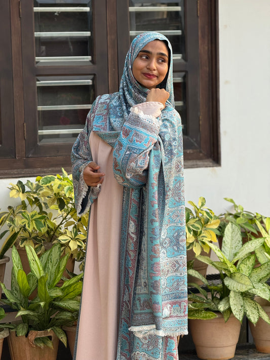 Pashmina Printed Abaya Set with Shrug & Shawl - Blue