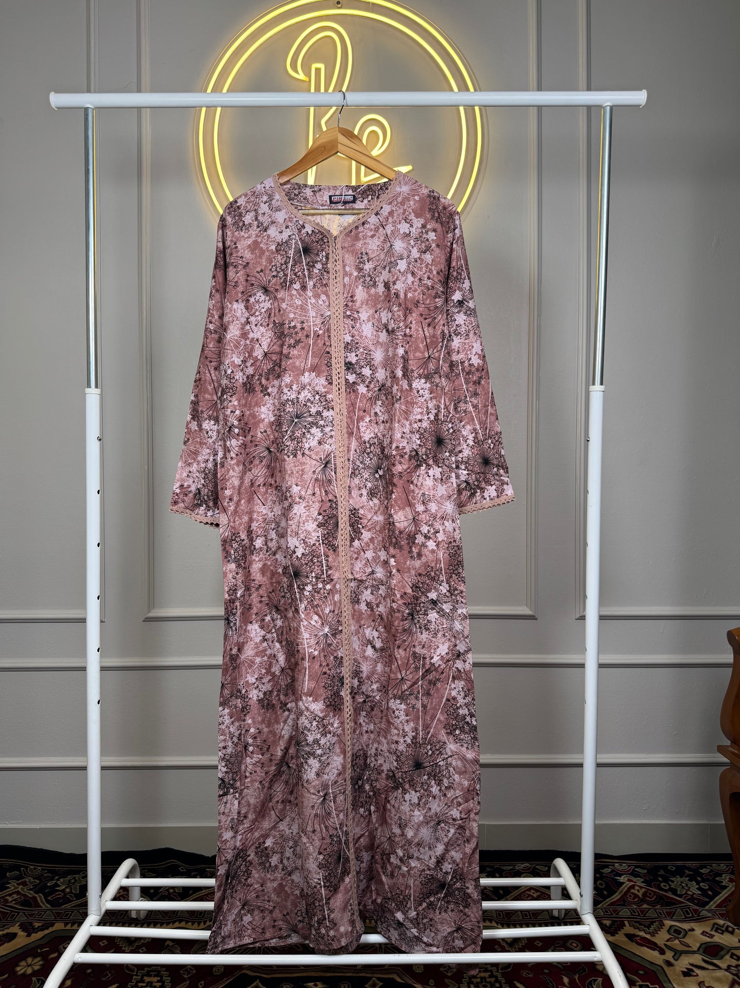 Women’s Printed Dubai Maxi Dress with Lace Detailing – 56 Inch Long Modest Rayon Maxi Fit Up to XL