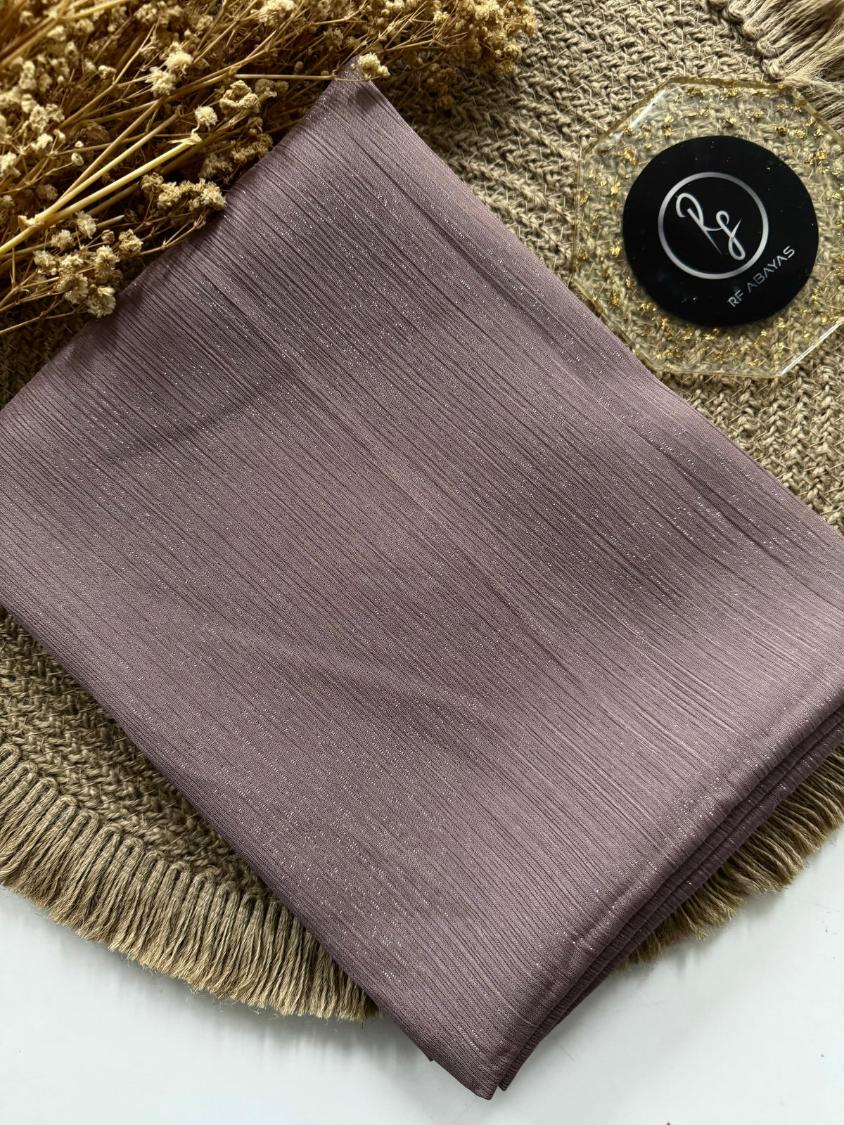 Elegant RF Abayas metallic silk shimmer hijab in luxurious metallic fabric with a soft, shimmering silk finish.