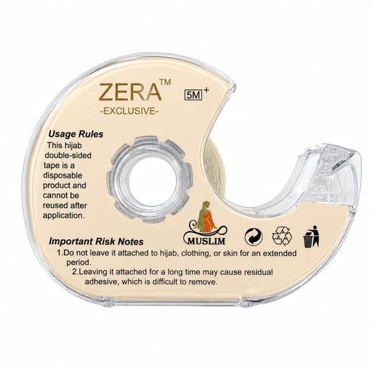 Back of Zera hijab double-sided tape dispenser with usage rules and care notes | RF Abayas