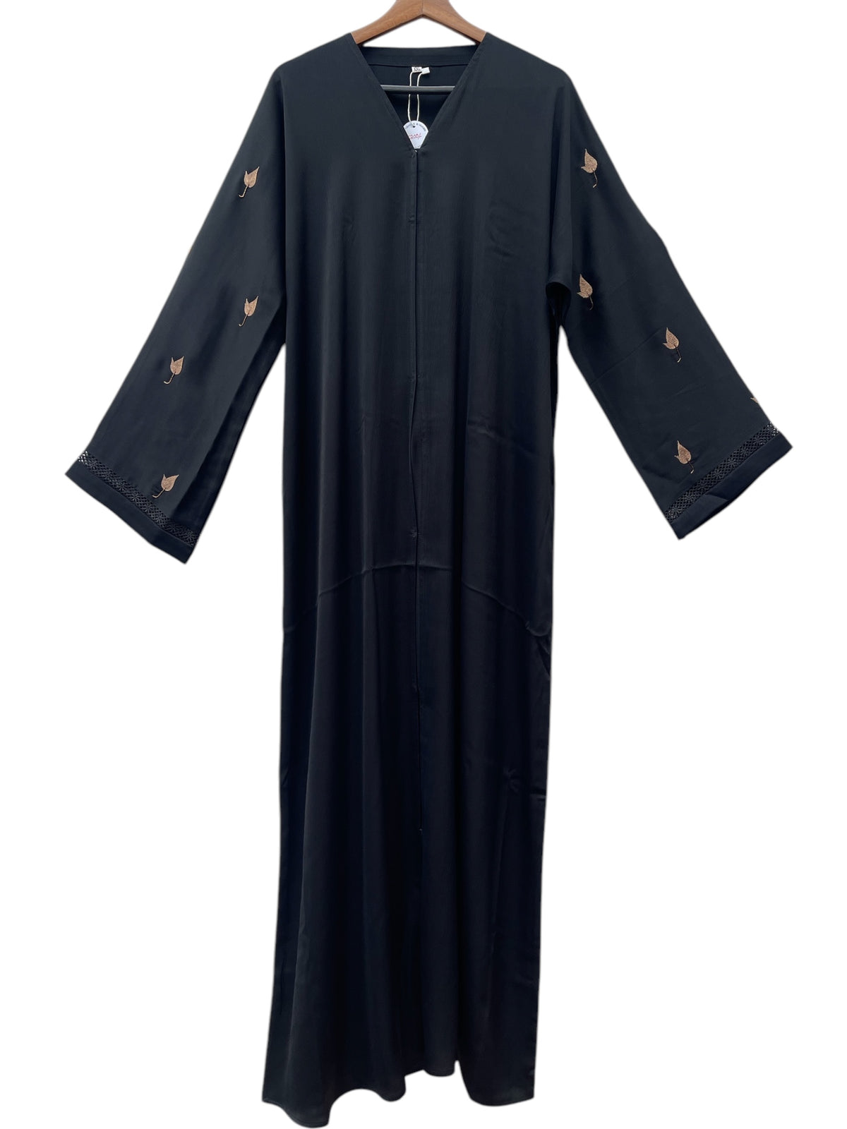 Black Abaya with Chikoo Embroidery on Sleeves and Back - view 2 - RF Abayas & Hijabs