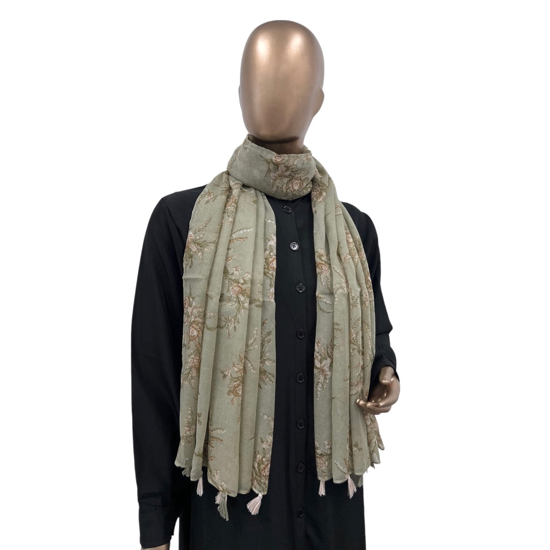 Navy blue cotton floral hijab with tassels from RF Abayas, featuring elegant floral print and decorative tassel accents.
