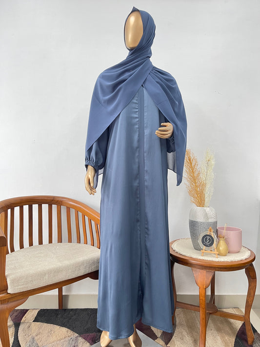 RF Abayas Everyday Comfort Abaya in dark slate blue, showcasing its flowing fabric and modest design for everyday wear.