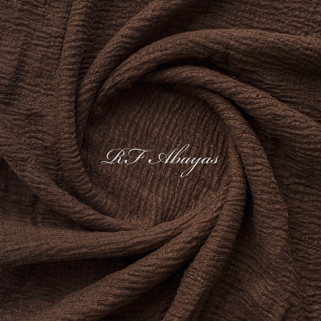 Heavy crinkled maroon cotton hijab by RF Abayas, showcasing textured, breathable fabric with elegant drape.