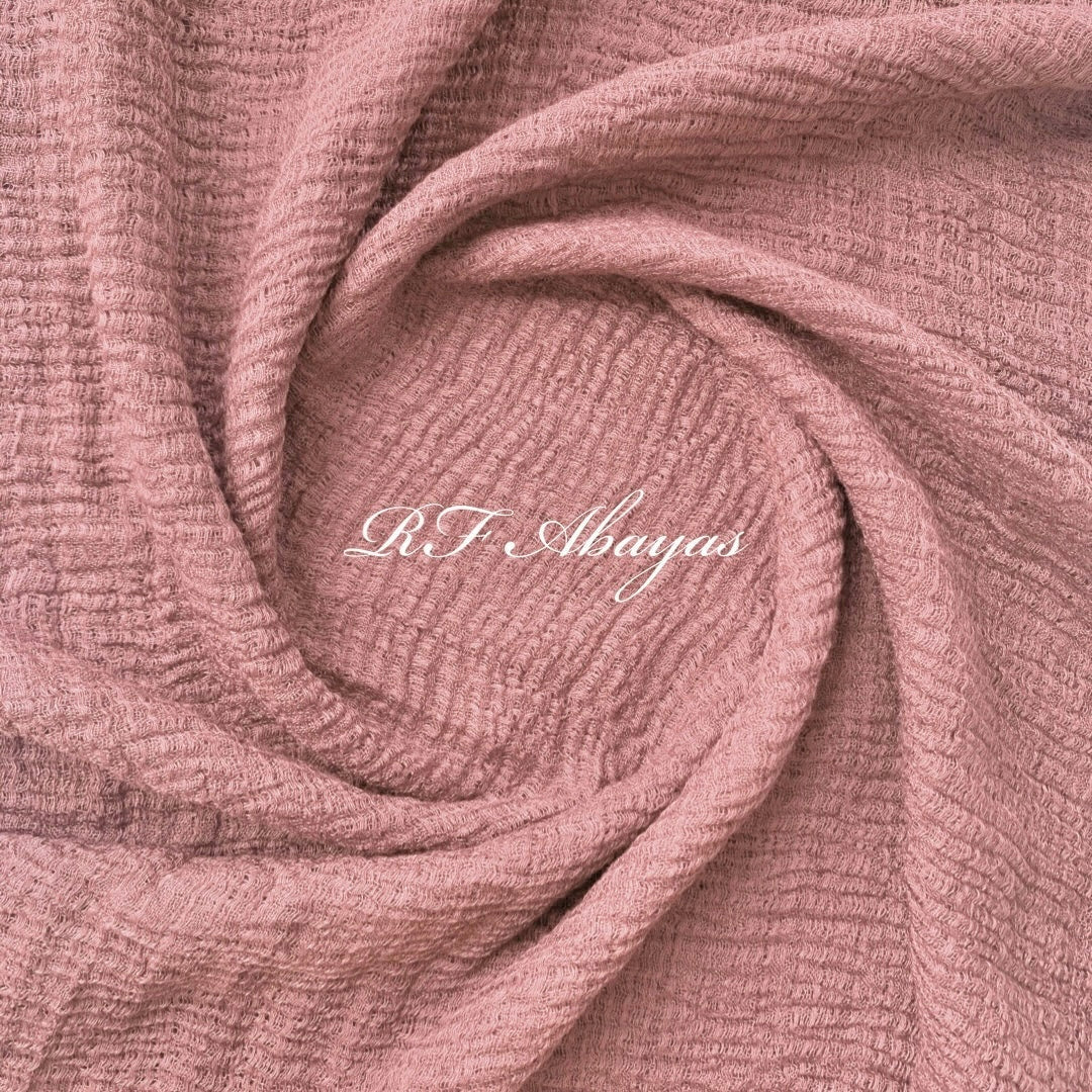 Heavy crinkled maroon cotton hijab by RF Abayas, showcasing textured, lightweight fabric and elegant drape.