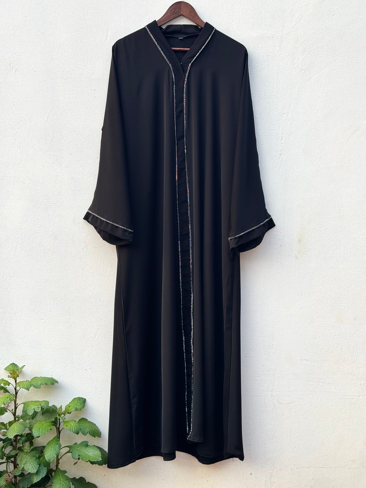 Korean Nida Stone Work Abaya with Silver Lace, view 2 – RF Abayas & Hijabs
