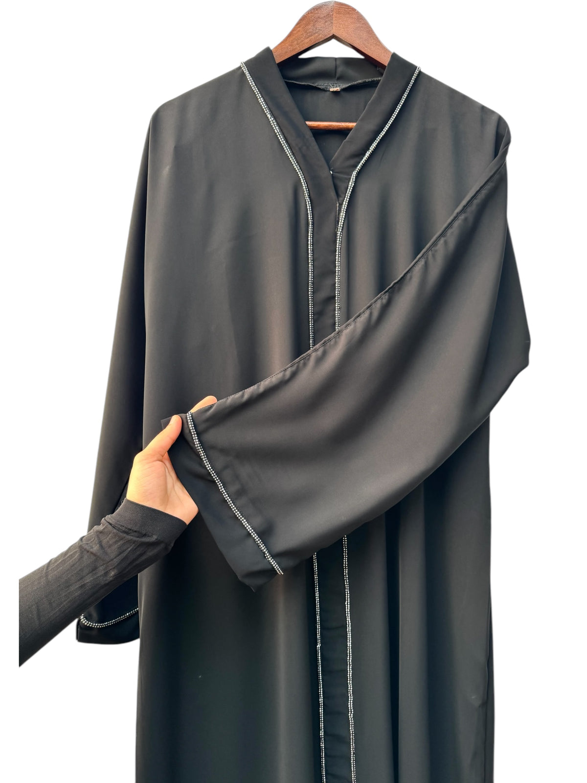 Korean Nida Stone Work Abaya with Silver Lace – RF Abayas & Hijabs