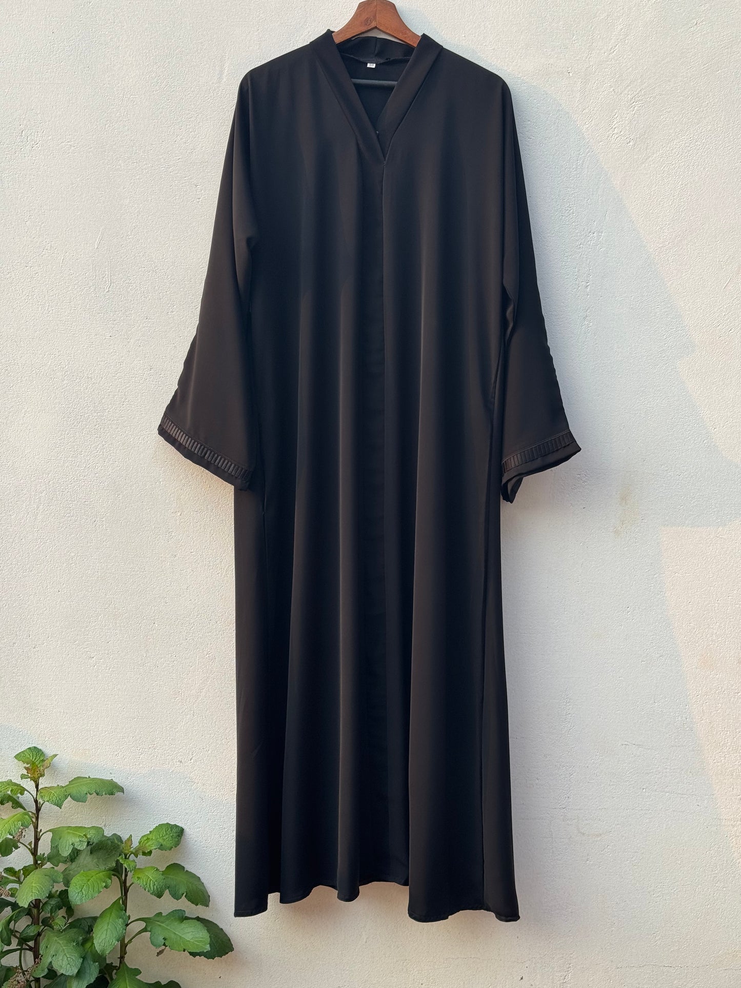 Korean Nida Black Abaya with Lace Border on Sleeve - RF Abayas