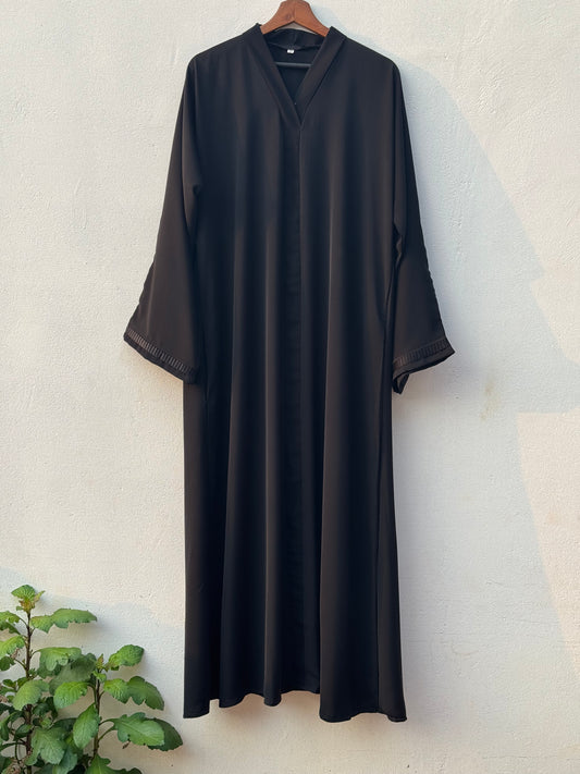 Korean Nida Black Abaya with Lace Border on Sleeve - RF Abayas