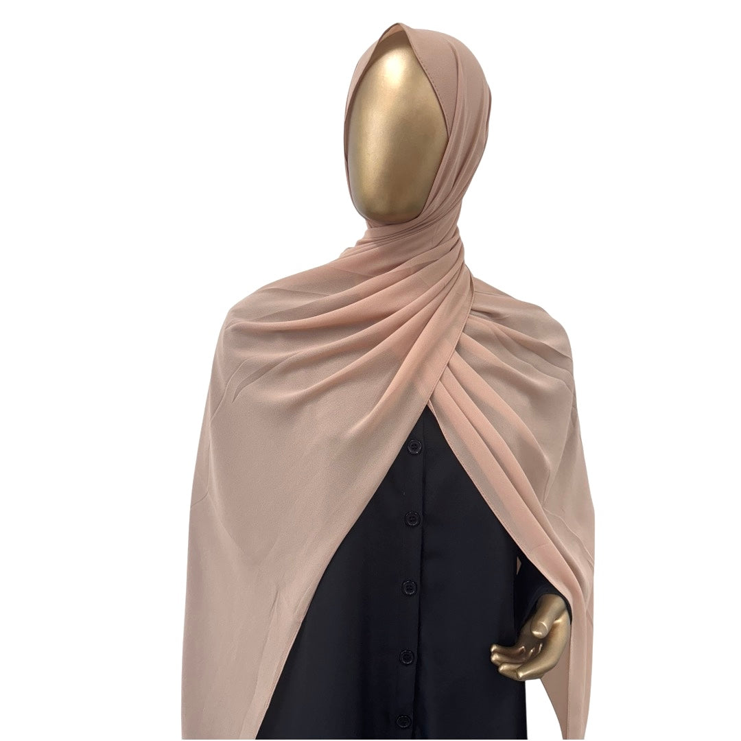 Malaysian Georgette hijab in camel color by RF Abayas, lightweight and elegant with soft drape for modest fashion.