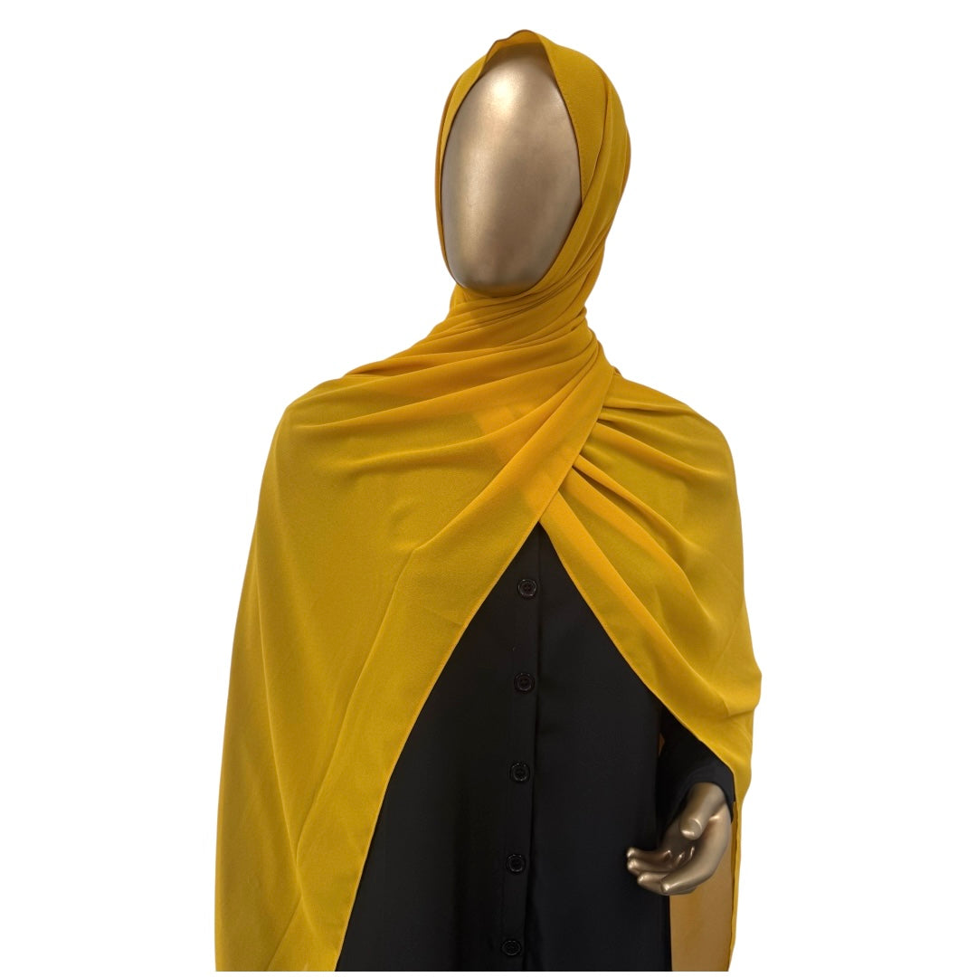 Malaysian Georgette hijab in camel color by RF Abayas, featuring lightweight, flowy fabric and elegant drape.