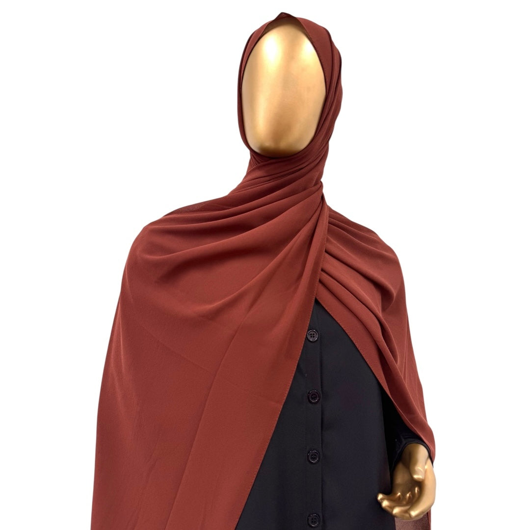 Malaysian Georgette hijab in camel color by RF Abayas, lightweight and flowing fabric suitable for elegant modest wear.
