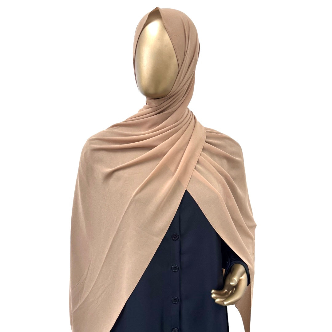 Malaysian Georgette hijab in camel color by RF Abayas, lightweight and elegant fabric for modest fashion.