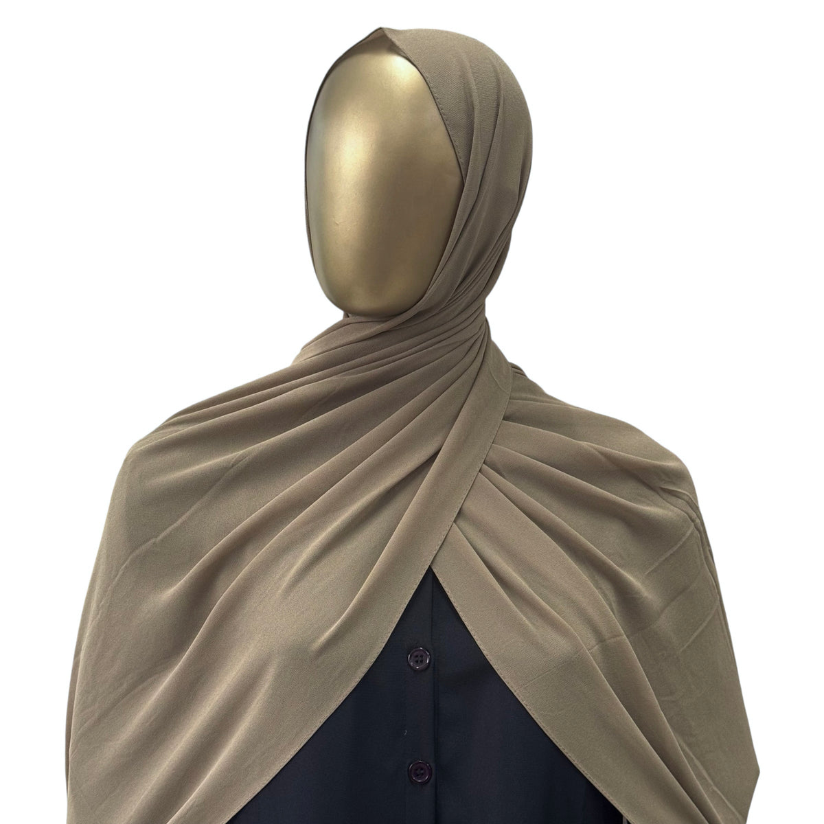 Malaysian Georgette hijab in camel color by RF Abayas, lightweight and elegant fabric, draped style with soft folds.