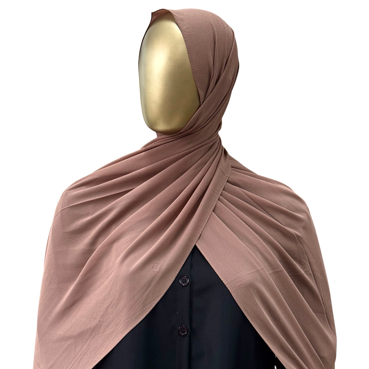 Malaysian Georgette hijab in camel color by RF Abayas, showcasing lightweight, flowy fabric and elegant drape.