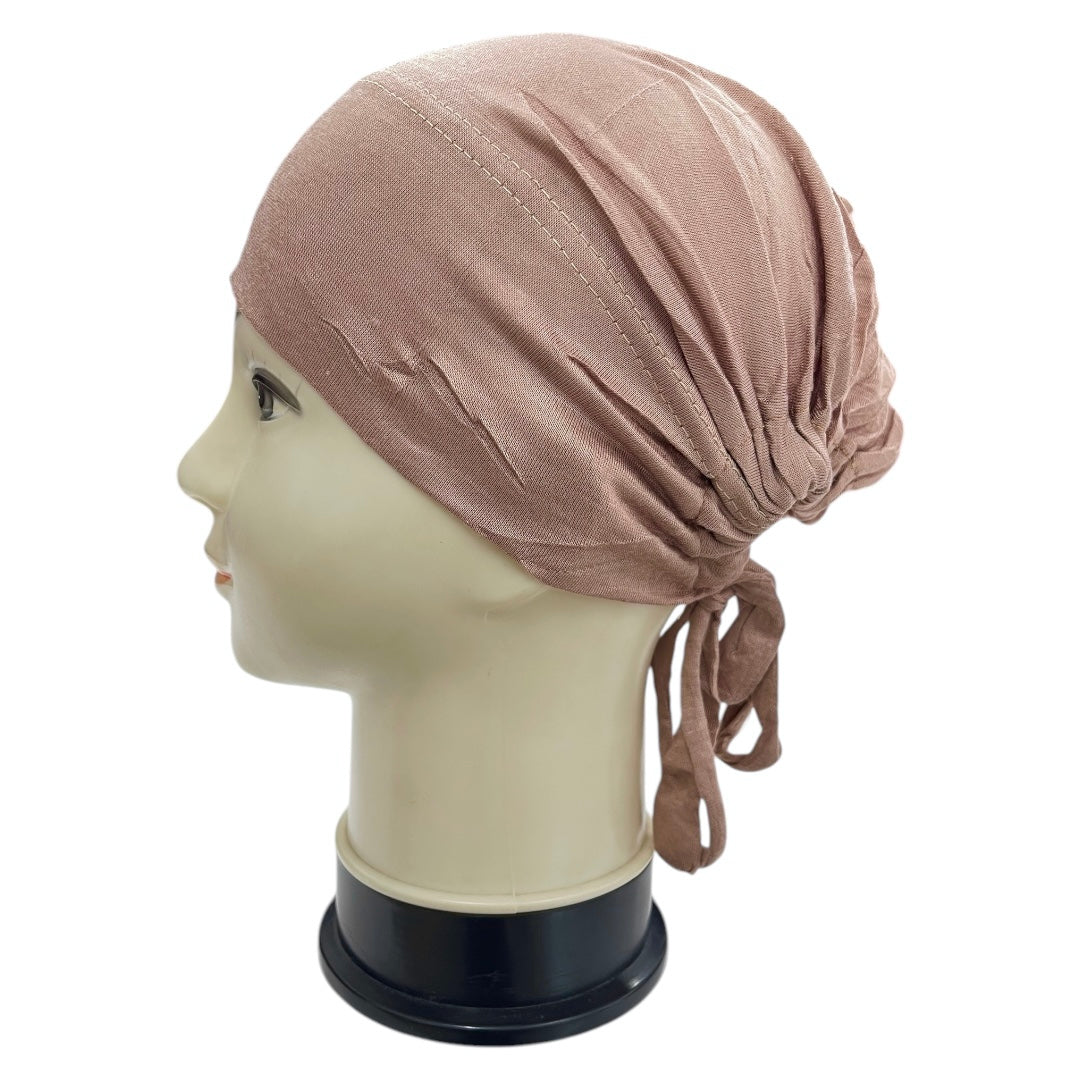 Black Malaysian tying cap hijab under cap by RF Abayas, lightweight and comfortable Muslim head covering for women.