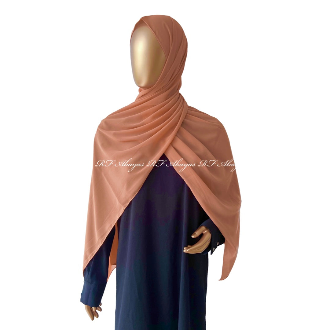 Slate-colored RF Abayas premium Malaysian Georgette hijab draped elegantly, showcasing soft fabric and stylish design.