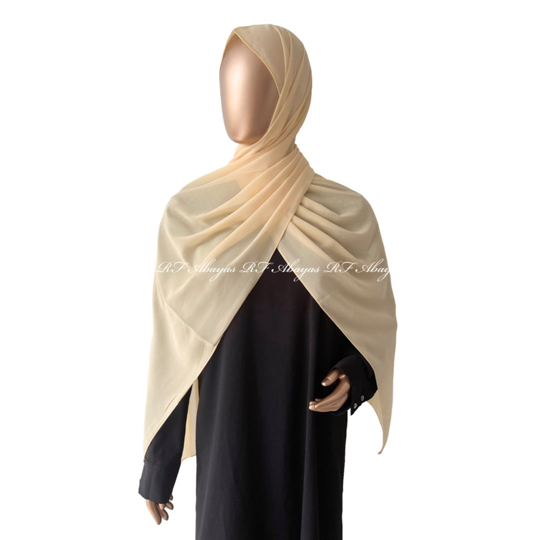 Slate-colored RF Abayas premium Malaysian Georgette hijab displayed flat with smooth fabric and elegant drape.