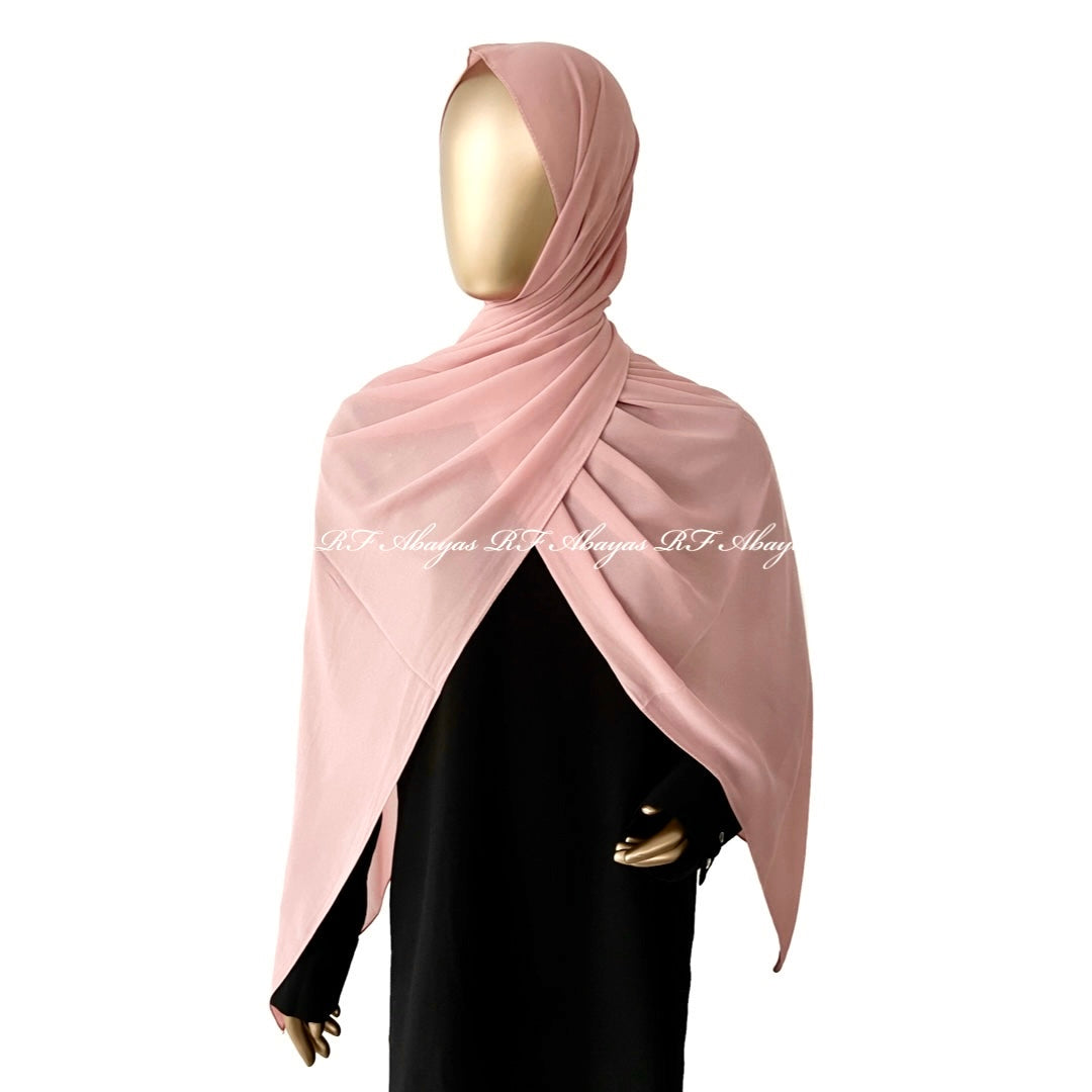 Slate-colored RF Abayas Malaysian Georgette hijab featuring lightweight, elegant fabric and intricate draping for a stylish look.
