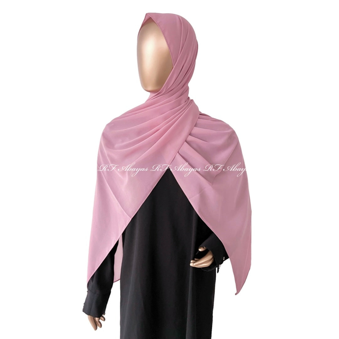 Elegant Malaysian Georgette hijab in slate color from RF Abayas, showcasing lightweight, flowy fabric and stylish drape.