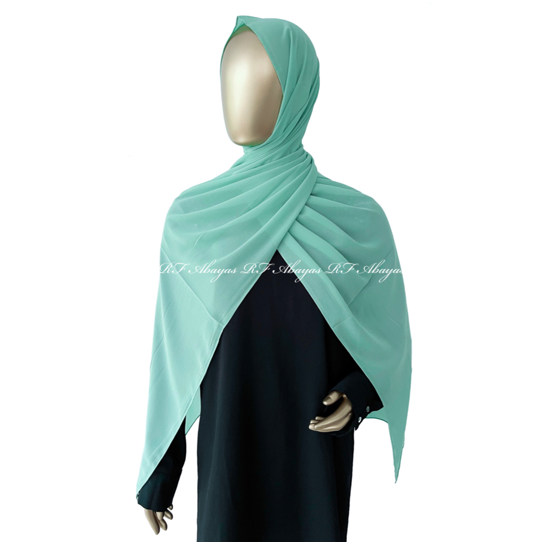 Slate-colored RF Abayas hijab made from premium Malaysian georgette fabric, showcasing soft, flowing lightweight material.