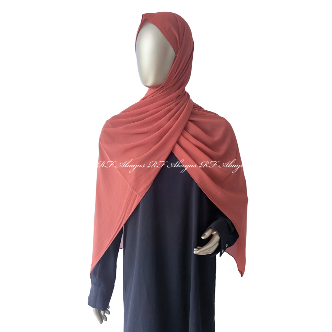 Slate-colored RF Abayas premium Malaysian Georgette hijab draped elegantly, showcasing lightweight, soft fabric and stylish design.