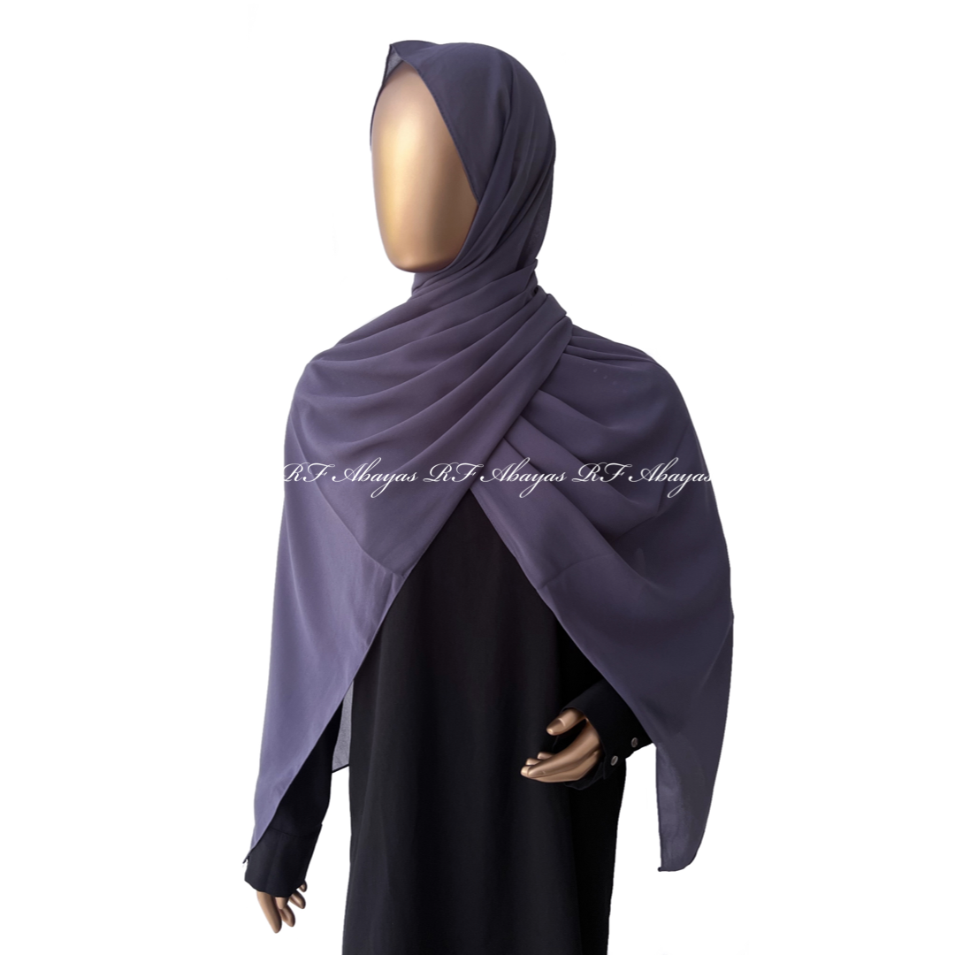 RF Abayas premium Malaysian Georgette hijab in slate color, showcasing soft fabric and elegant drape.